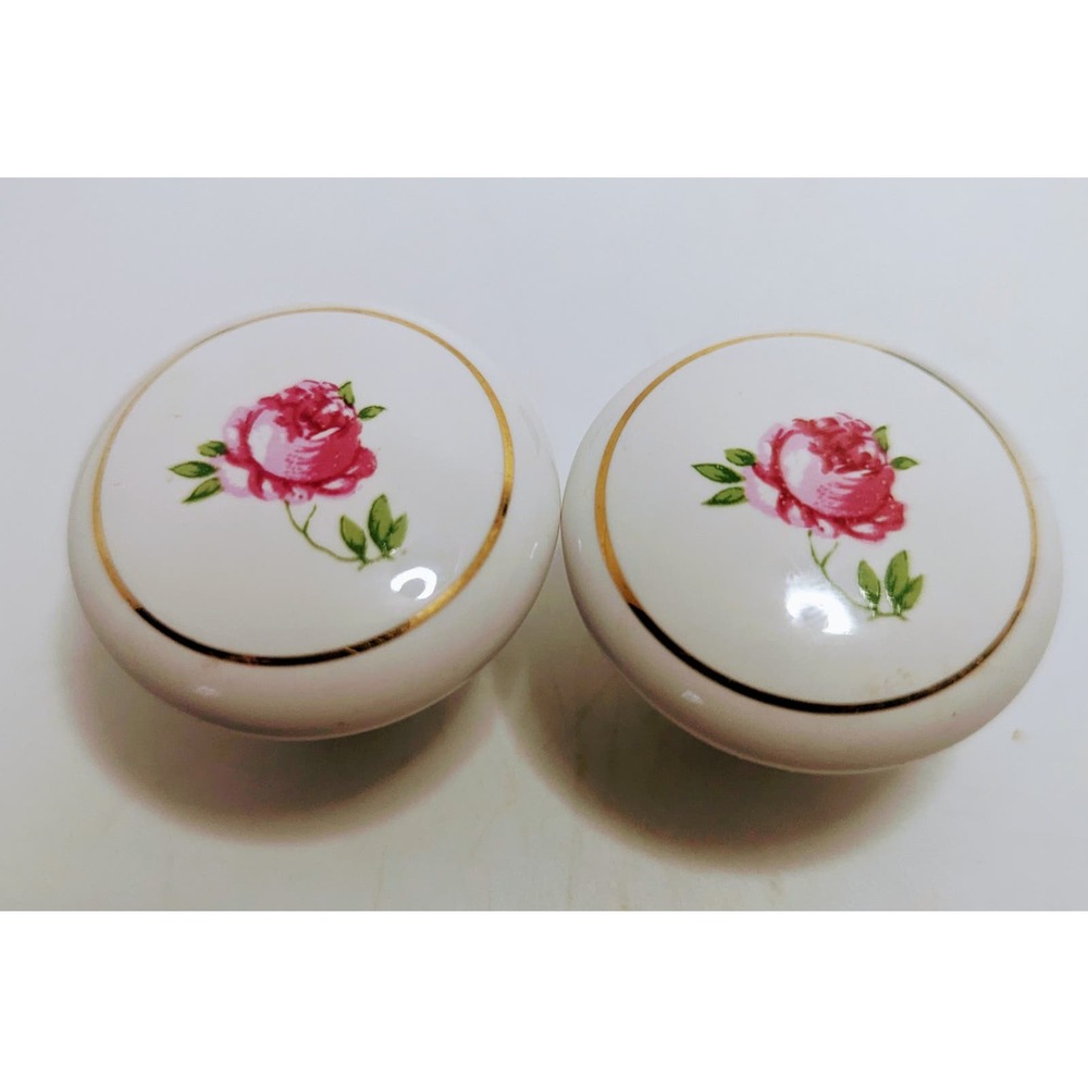 2 Vintage Drawer Knobs Pulls Pink Tea Rose Japan White Porcelain Gold Trim